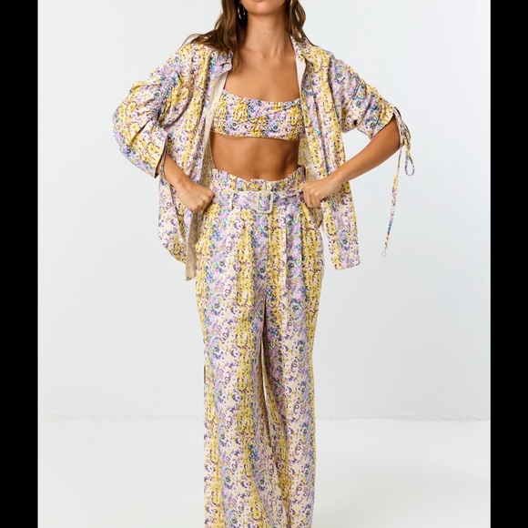 NEW LA PORTE Multicolor Swirl Print Linen Shirt Top Paperbag Pants Set Small S - Picture 3 of 16